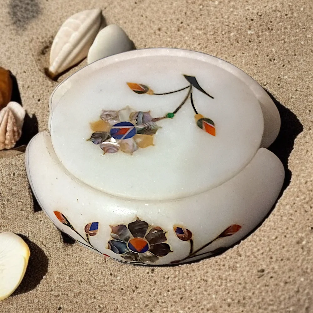 Pietra Dura Gemstone Marble Coasters Inlaid Floral Lapis Abalone‎ Semi Precious